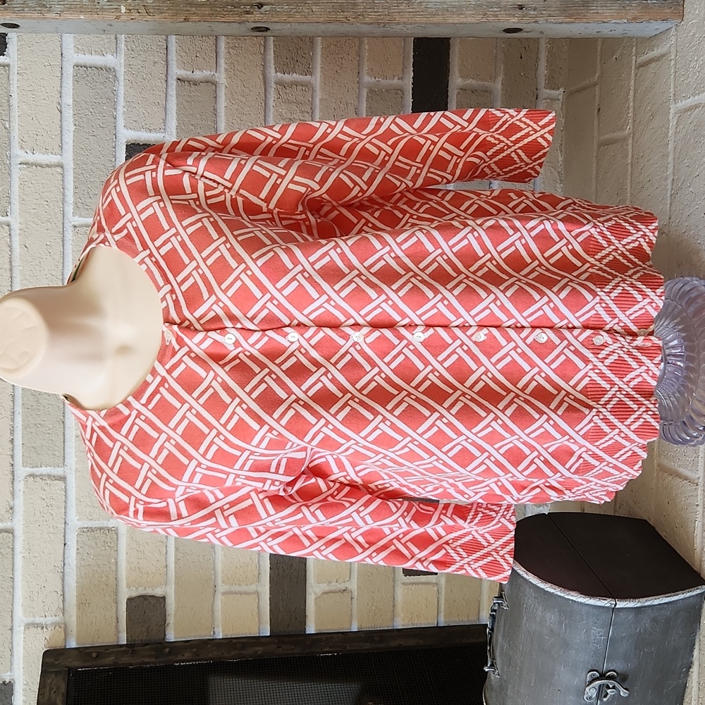 L. L. Bean Latice Print Cardigan Sweater Coral
